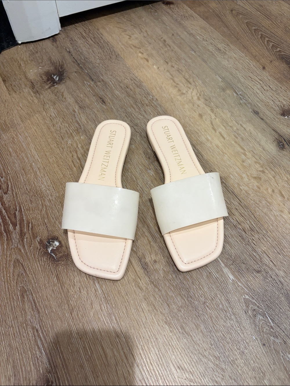 Stuart Weitzman Cream Wide-Band Slide Sandals